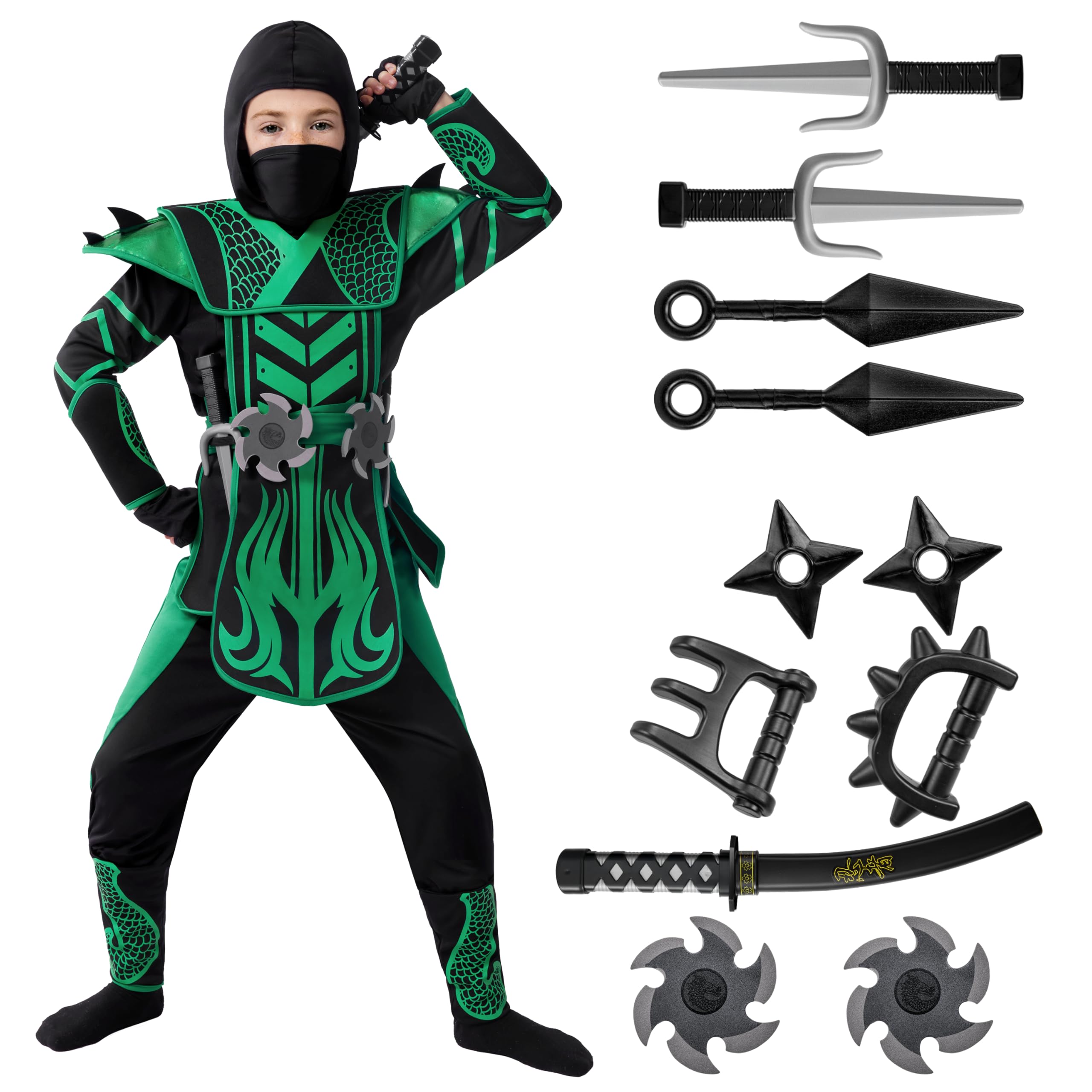 Spooktacular Creations Green Black Halloween Ninja Costume for Boys and Girls, Halloween Dress Up Party, Ninja Role Playing, Themed Parties (Small(5-7 yrs)) — image 1