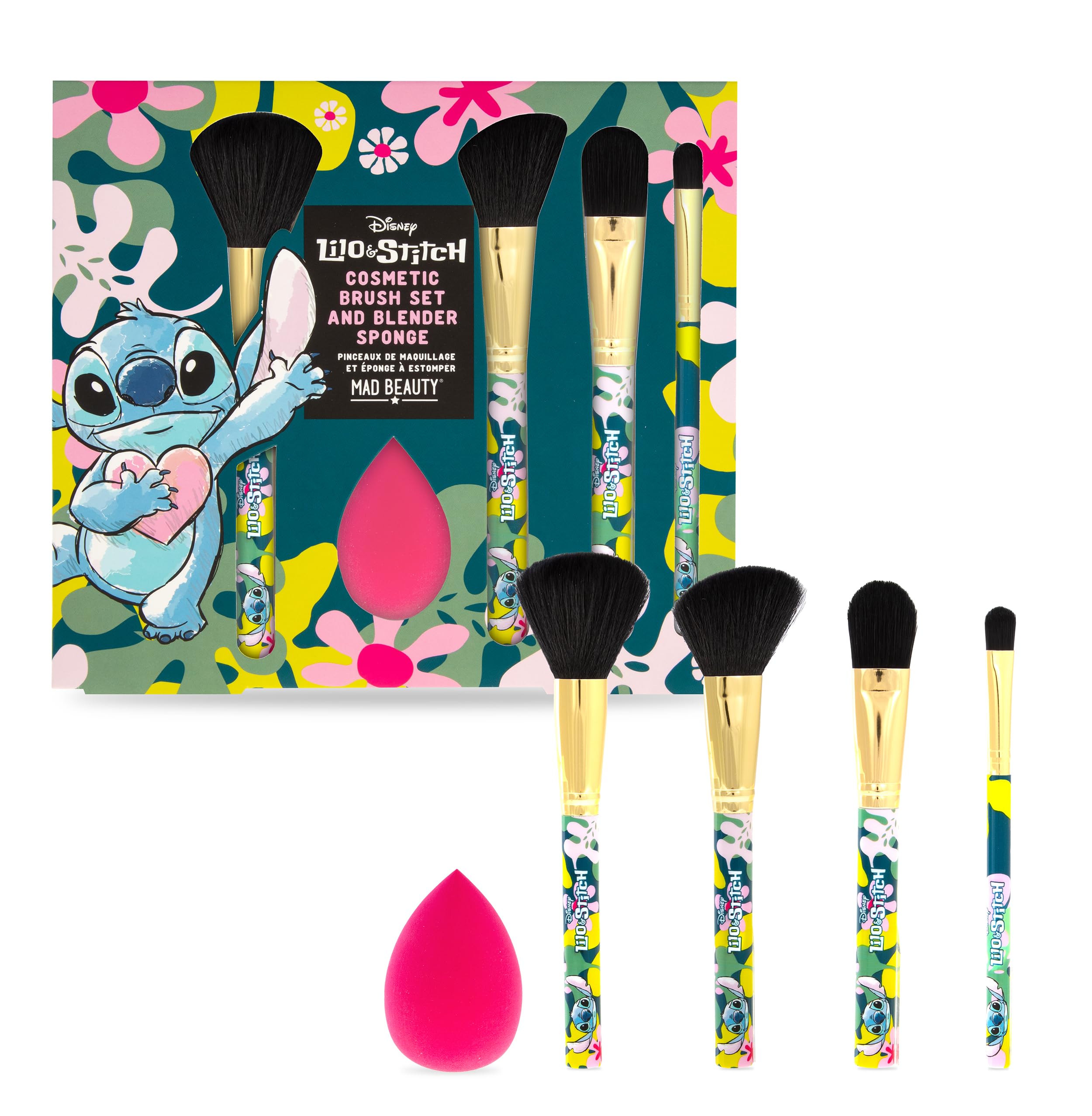 Lilo & Stitch Make Up Brushes Set with Blender Sponge Disney | MAD Beauty | Cute & Self-Care Gifts for fans, 4 Brushes