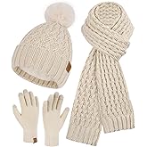 Womens Winter Beanie Hat Touchscreen Gloves Long Neck Scarf Set Warm Knit Caps with Pom Fleece Gifts for Women