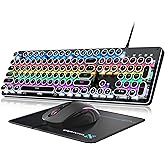 Typewriter Mechanical Gaming Keyboard and Mouse, Metal Panel Retro Keyboards with Round Keycap Blue Switch, Rainbow LED Backlit 104-Key Anti-Ghost Wired Mouse and Pad Combo for PC Laptop Mac Gamer