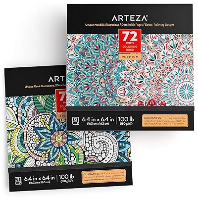 ARTEZA Coloring Books for Adults, Floral &amp; Mandala Designs, 2-Pack, 144 Sheets Total, 100 lb, 6.4x6.4 Inches, for Anxiety, Stress Relief &amp; Relaxing, Detachable Pages