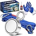 Grtard Neodymium Magnet Fishing Kit, 700lbs Double Side Fishing Magnet Heavy Duty Rare Earth Magnet with Countersunk Hole Eyebolt for Retrieving Items in River, Lake, Beach, Lawn - 2.36inch Diameter