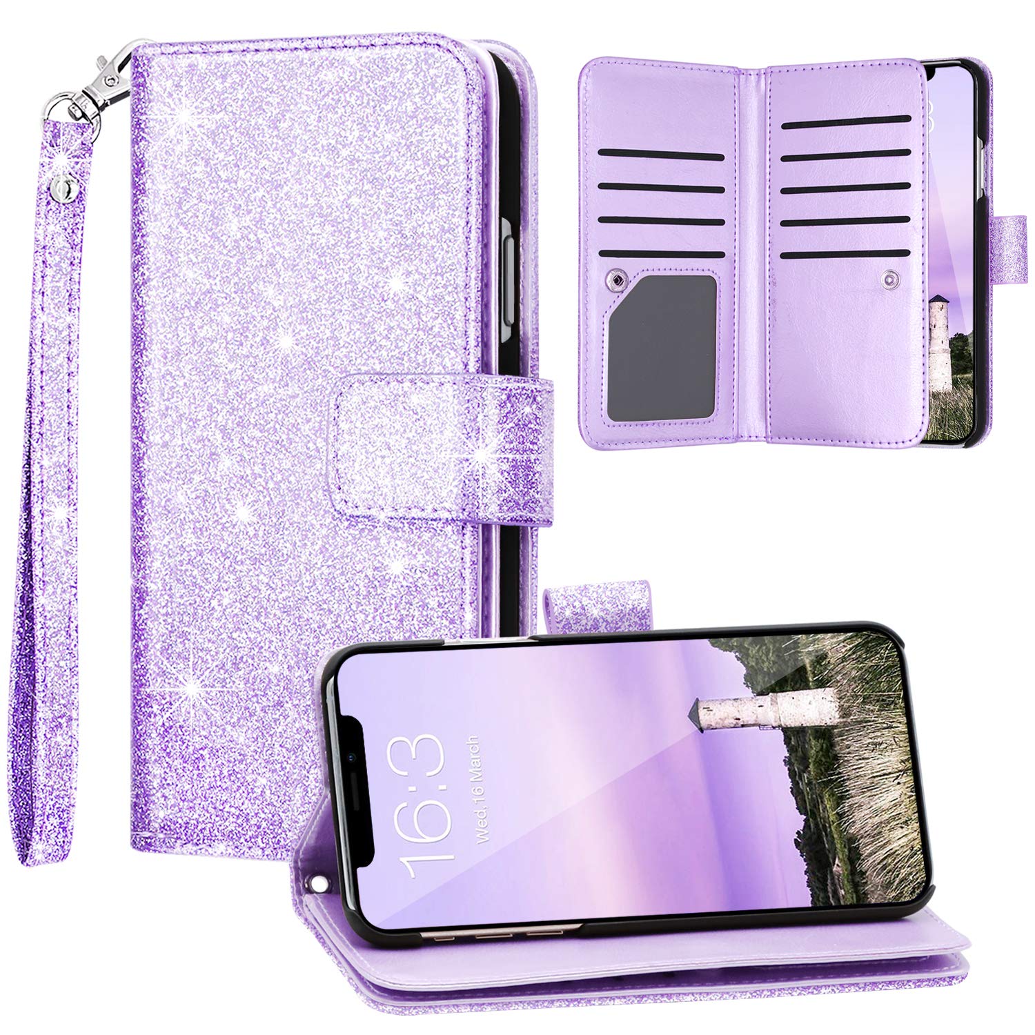 Fingic for iPhone 11 Case, iPhone 11 Wallet Case, Glitter Sparkle Cover  Card Holder PU Leather with Kickstand Wrist Strap Protective Case for Women