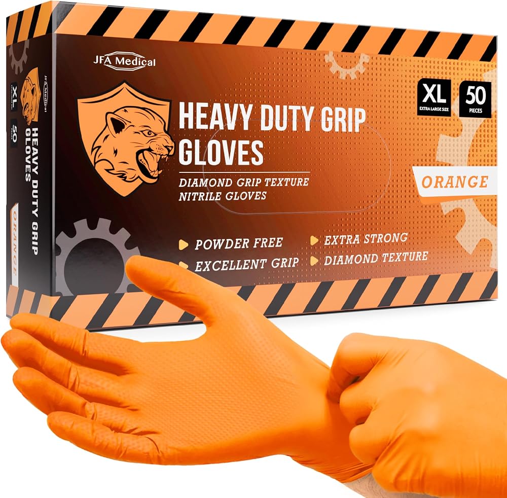 JFA Medical Disposable Heavy Duty Nitrile Gloves Orange Diamond Grip XL Box 50