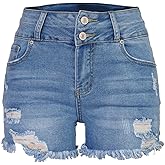 Aodrusa Jean Shorts Womens High Waisted Stretchy Mom Two Buttons Frayed Raw Hem Ripped Denim Shorts Distressed