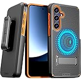 Designed for Samsung Galaxy S25 Case with Belt Clip Holster - Compatible with MagSafe Magnetic Heavy Duty Phone Cover with Kickstand - Black & Orange
