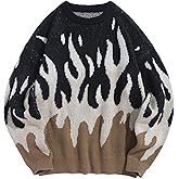 ZAFUL Men's Oversized Sweater Y2K Aesthetic Flame Graphic Crewneck Knit Pullover Unisex Casual Sweaters
