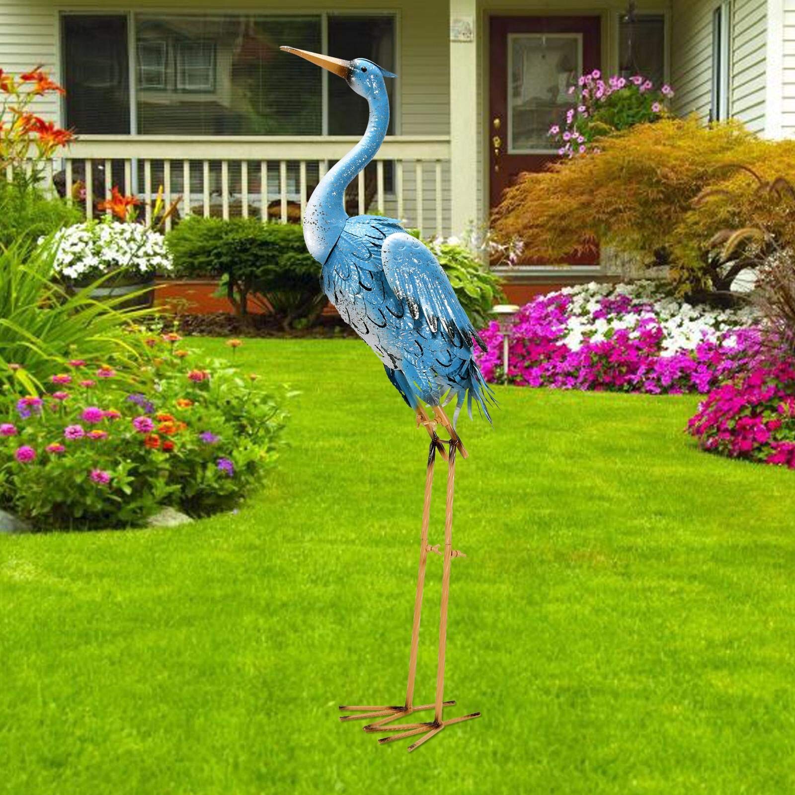 Goodeco 96cm Standing Blue Metal Crane Statue - Indoor/Outdoor Heron Garden Animal Sculpture Gifts for Home, Patio, Backyard, Porch, Yard Bird Art, Lawn Decoration