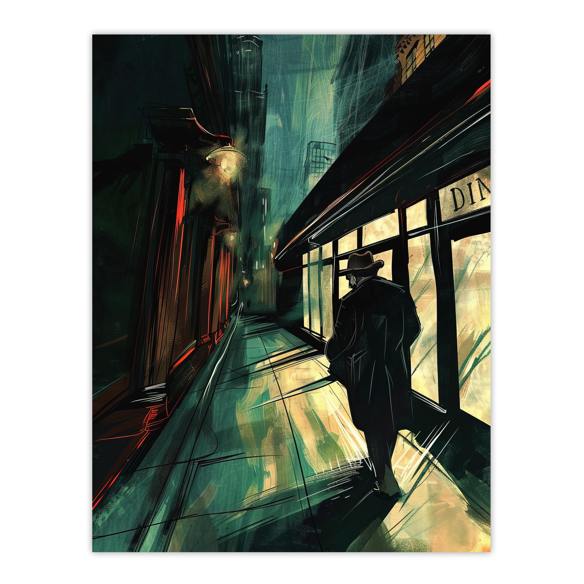 Artery8 Moody Stroll in Alleyway Painting Dark Film Noir Living Room Extra Large XL Wall Art Poster Print