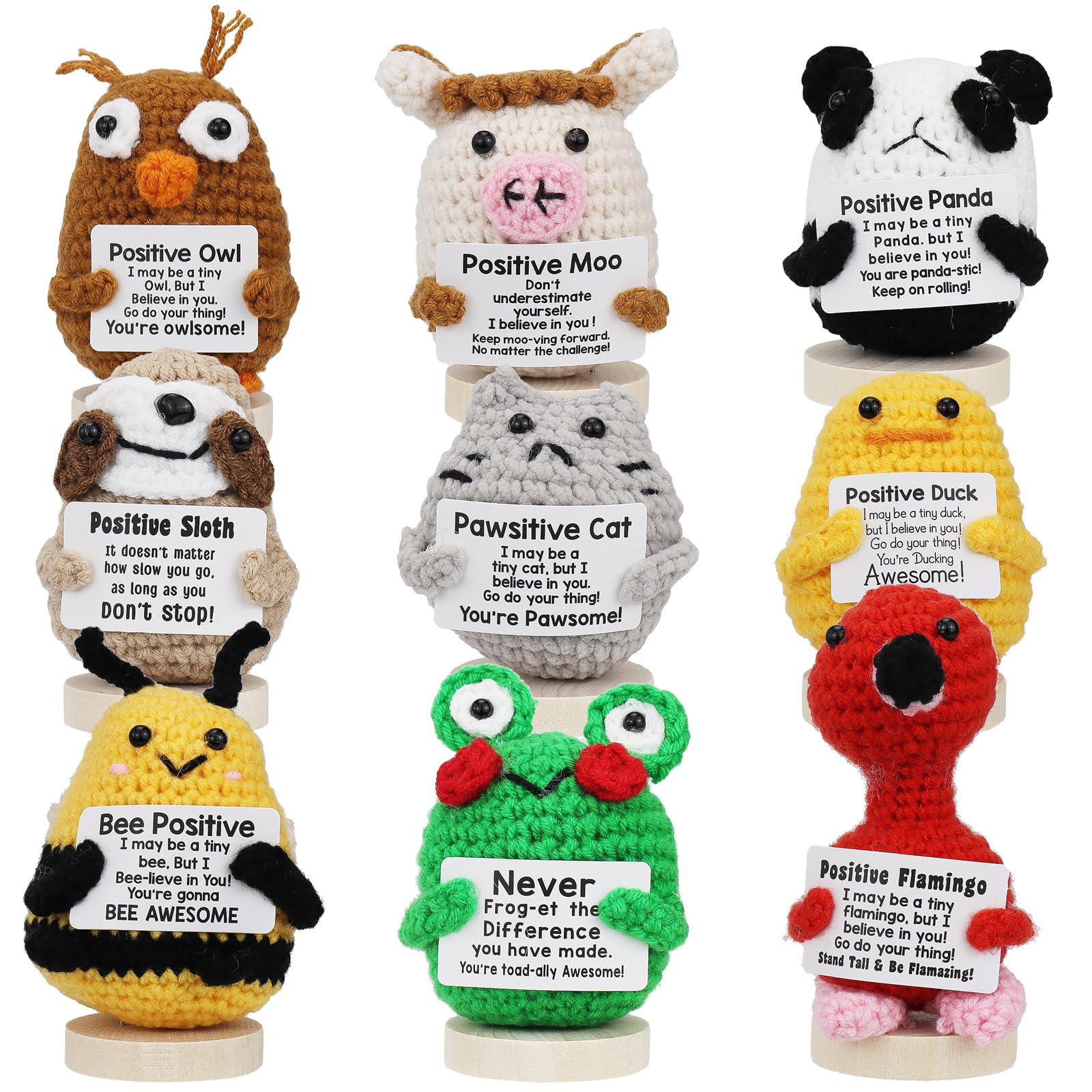 Malloom 9Pcs Mini Positive Crochet Animals Gifts, Emotional Support Crochet Doll with Stand and Encouraging Card, Handmade Cute Funny Employee Appreciation Gifts for Office Room Decoration