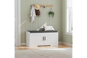 Homleke 2-Tier Storage Bench, Shoe Bench with Thickened Padded Seat Cushion, Entryway Bench with 2 Doors, Adjustable Shelf, 13.8" D x 37.4" W x 18.5" H, for Entryway, Living Room, Bedroom, White
