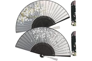 Zolee 2 PCS Small Folding Hand Fans for Women - Chinese Japanese Vintage Bamboo Silk Fans - for Dance, Performance, Decoration, Wedding, Party，Gift (Double Gray Sakura)