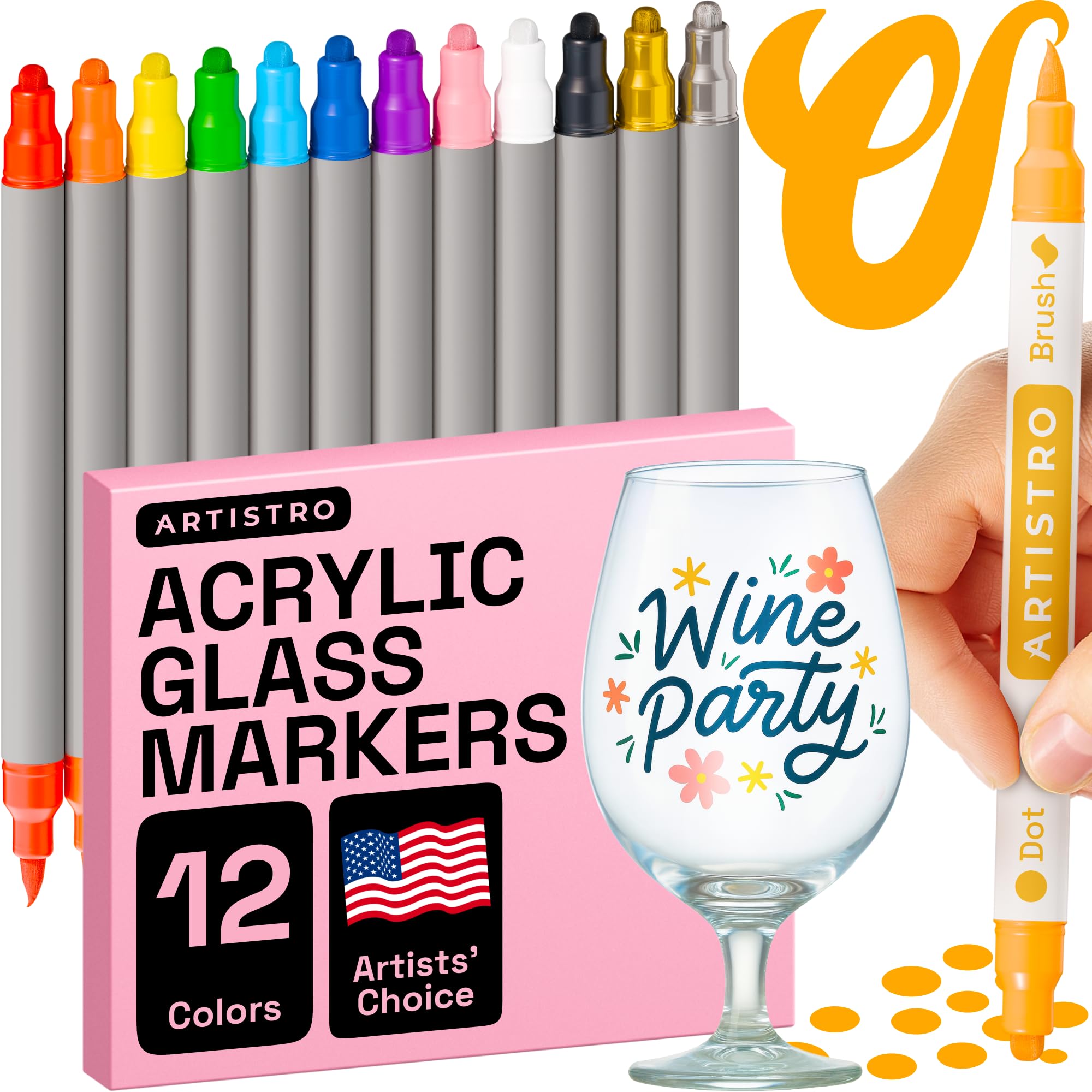 Photo 1 of ARTISTRO 12 Wine Glass Acrylic Paint Markers - Washable Non-Toxic Dual Tip Acrylic Paint Pens for Car Window, Mirror, Ceramic