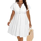 Plus Size Summer Dress - Casual Sundress Beach Short Sleeve V Neck Tiered Button Up Boho Midi Flowy Sun Dresses Women
