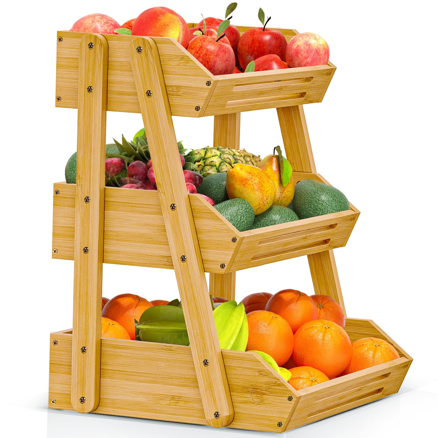Photo 1 of [Upgraded] Bamboo Fruit Basket with 4 Legs, 3-Tier Fruit Stand Storage Holder, Detachable Fruit Bowl for Countertop, Vegetable Holder for Kitchen Counter Organizer, Snack & Bread Storage Basket Stand