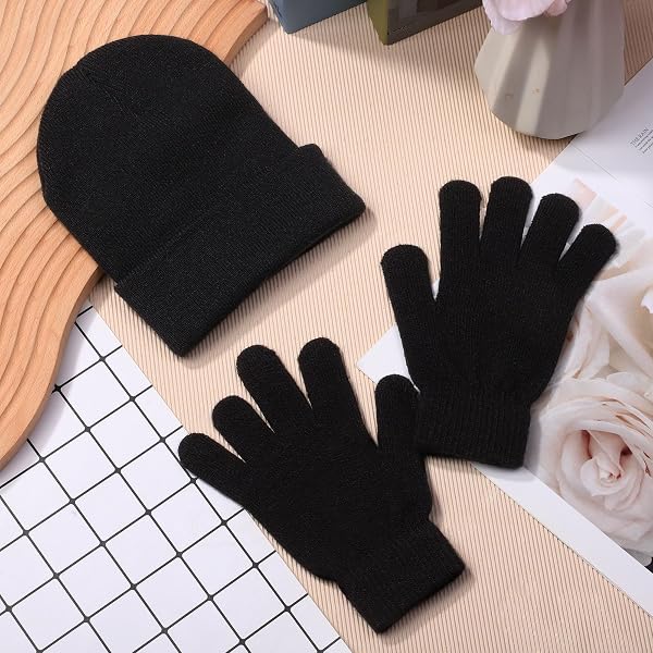COORABY 8 PACK WINTER KNITTED CUFF BEANIES MAGIC GLOVES SET ACRYLIC WARM SKULL CAP CUFF HAT CLASSIC GLOVES FOR MEN OR WOMEN