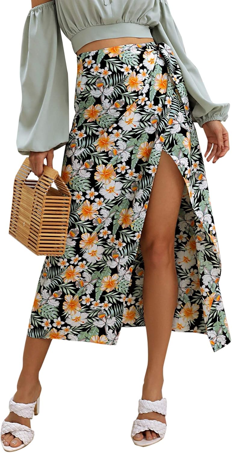 SheIn Women's Floral Print High Waist Long Skirt Split Thigh Tie Side Wrap Skirt at Amazon Women 