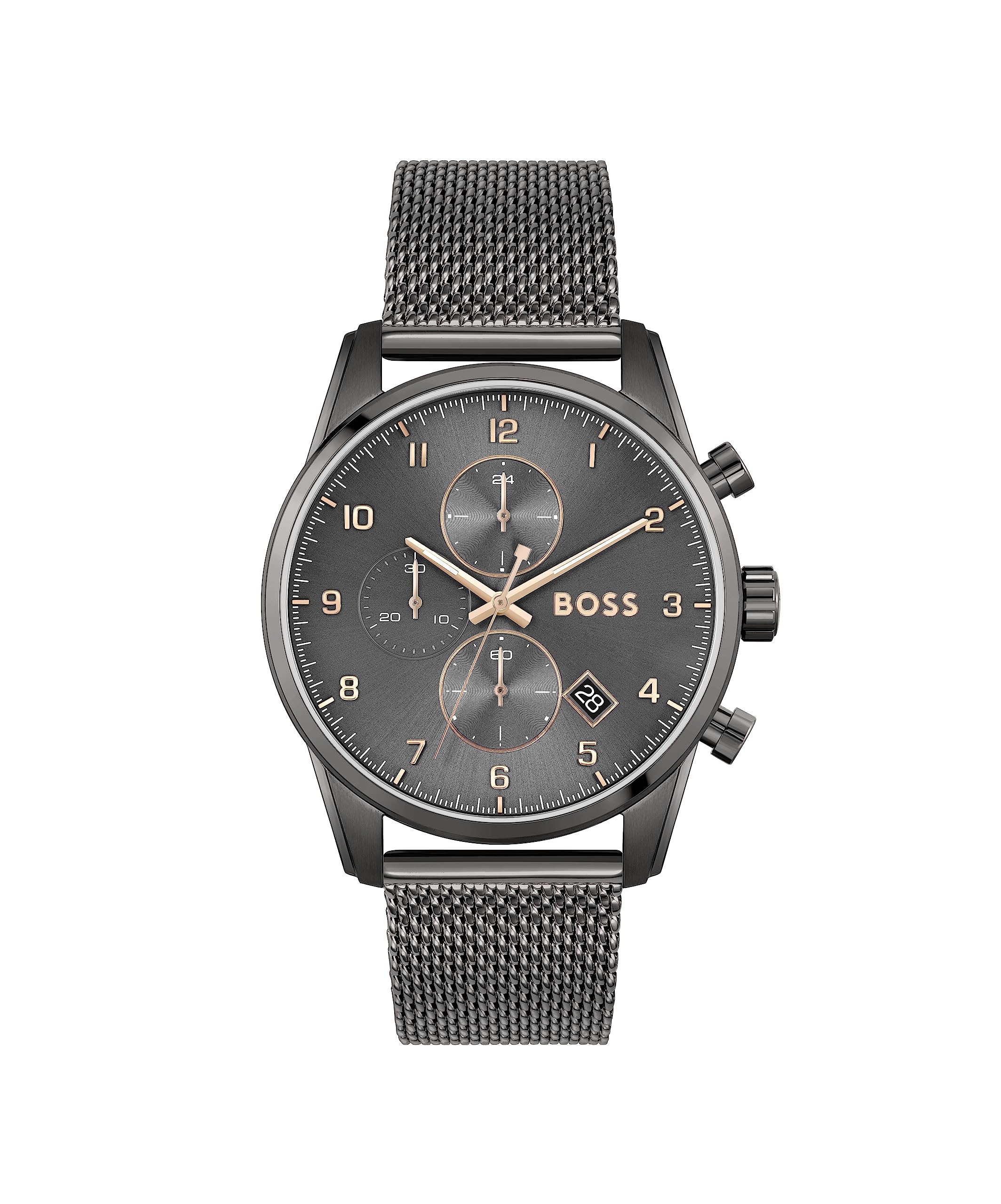 BOSS Men's 44mm Chronograph Quartz Watch SKYMASTER Collection with Grey Dial, Grey Stainless Steel Mesh Bracelet, Date Function, 5ATM Water Resistant - 1513837