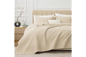EXQ Home Quilt Set Full/Queen Size Beige 3 Piece,Lightweight Soft Coverlet Modern Style Squares Pattern Bedspread Set for All