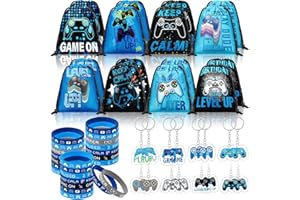 Talltalk 48 Pcs Video Game Party Favors Bulk with 16 Blue Black Video Game Gift Drawstring Backpack Goodie Bags Snacks Candy Bag 16 Wristband 16 Keychain for Play Birthday Party Supplies Decorations