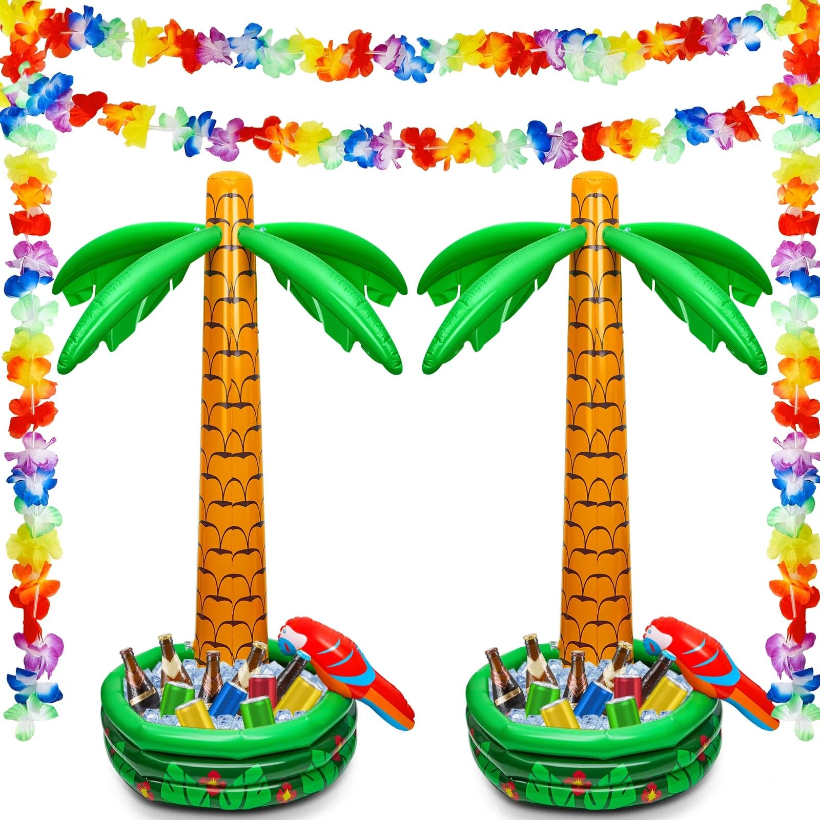 Photo 1 of Deekin 4 Pcs Inflatable Palm Tree Cooler Blow up Palm Trees Jumbo Inflatable Hawaiian Luau Party Decorations Include 2 Sets 68 Inch Floating Cooler and Hawaiian Flowers Garland for Beach Pool Party