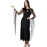 Adult Morticia Addams Dress Costume, Woman's Halloween Costumes, Black Spiderweb Pattern Halloween Dress