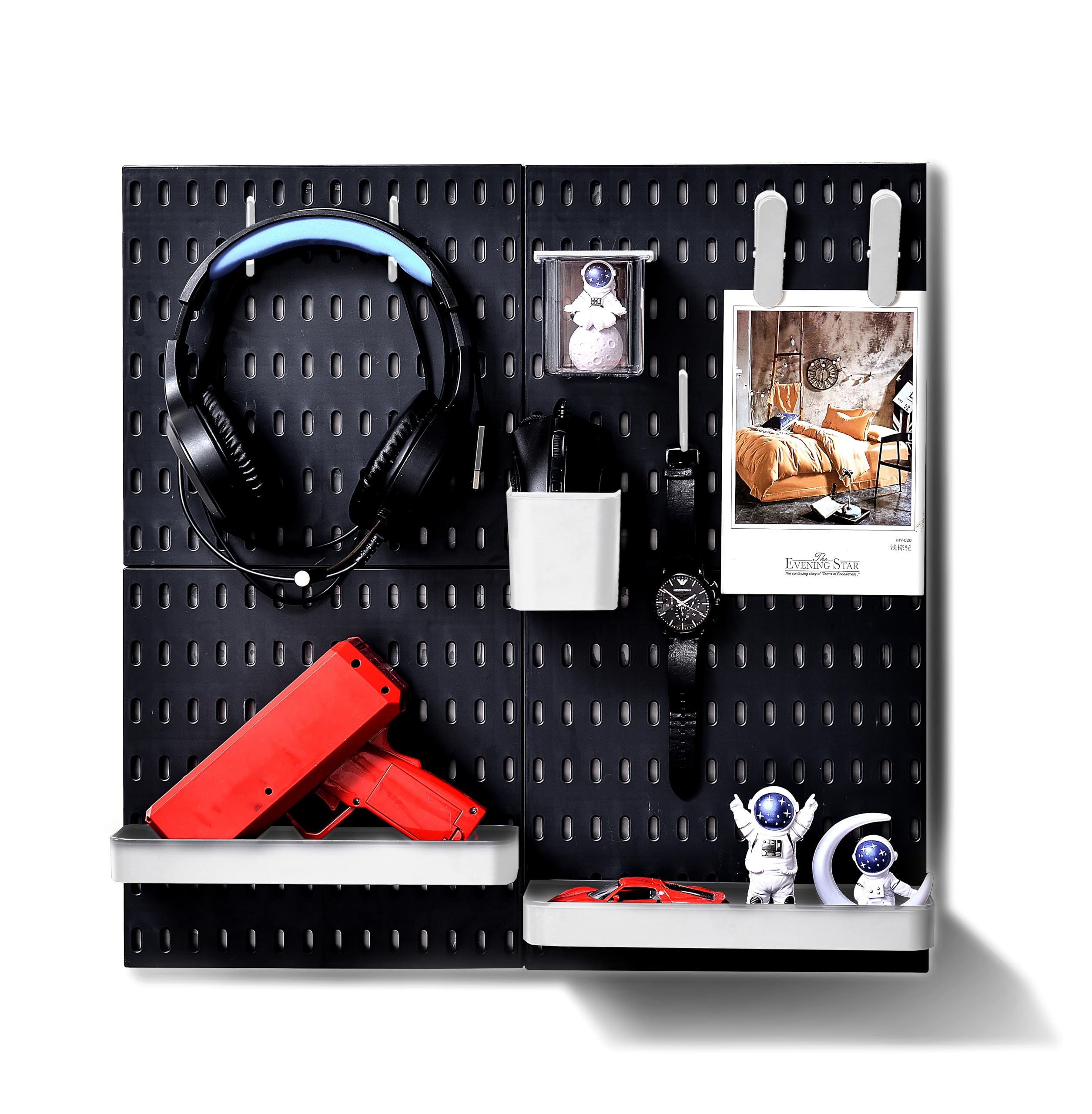 L'essentiel Home and Office Wall Organiser Pegboard 56 * 56cm Black Complete Set (4 Tiles of 28 * 28cm) and Accessories - White or Black (Black/White, 4 panels set) — image 1