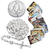 Rosary for Women with Case and 18pcs Prayer Cards, First Communion Gifts for Girls, Glass Pearl Beads and Virgin Mary Medal, Catholic Gifts