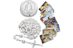 SZQCZB Rosary for Women with Case and 18pcs Prayer Cards, First Communion Gifts for Girls, Glass Pearl Beads and Virgin Mary Medal, Catholic Gifts