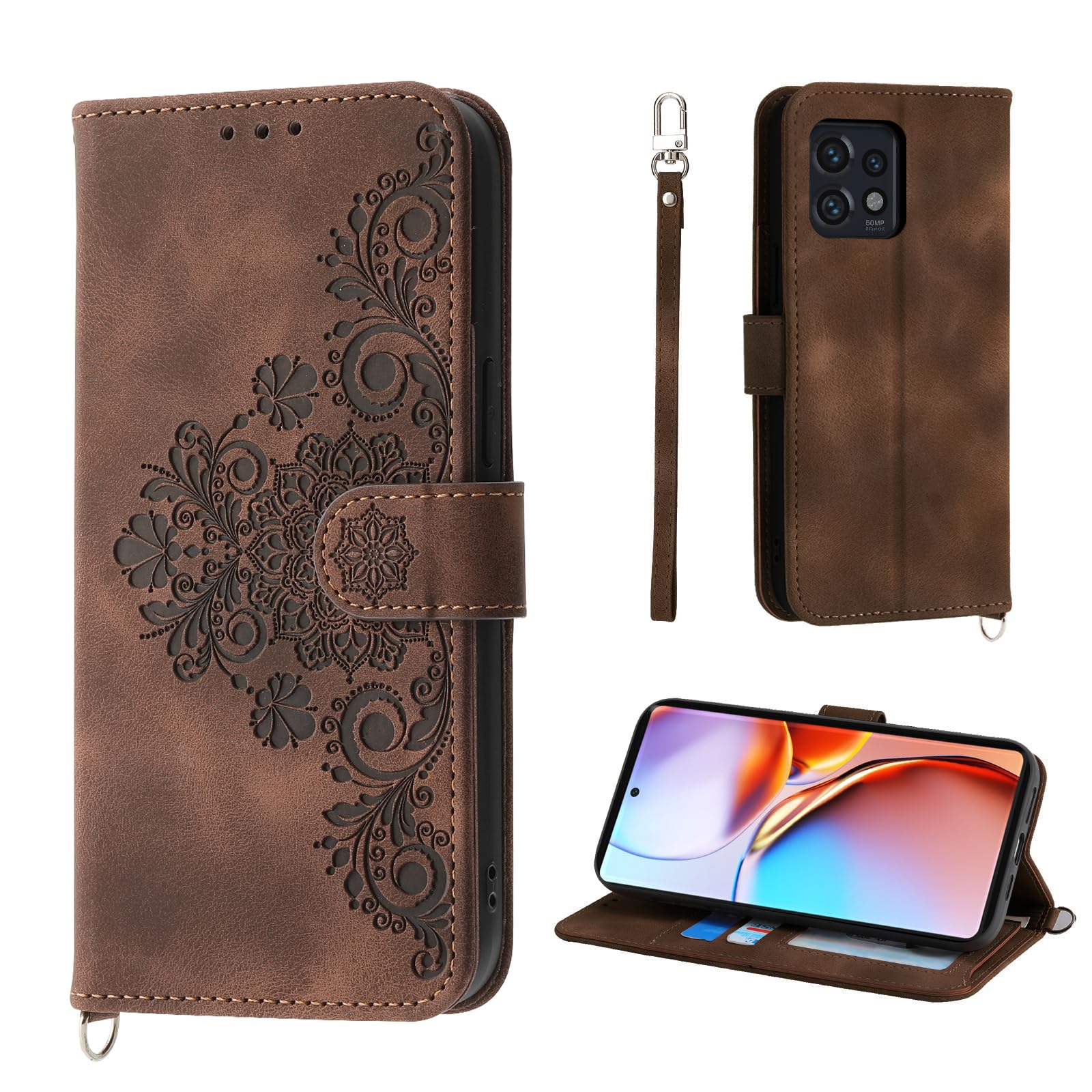 Auslbin Flower Phone Case for Motorola Edge 40 Pro 5G Case 2023 6.67", 5 Card Slots Vintage Style PU Leather Protective Case for Motorola Edge 40 Pro 5G, Brown — image 1