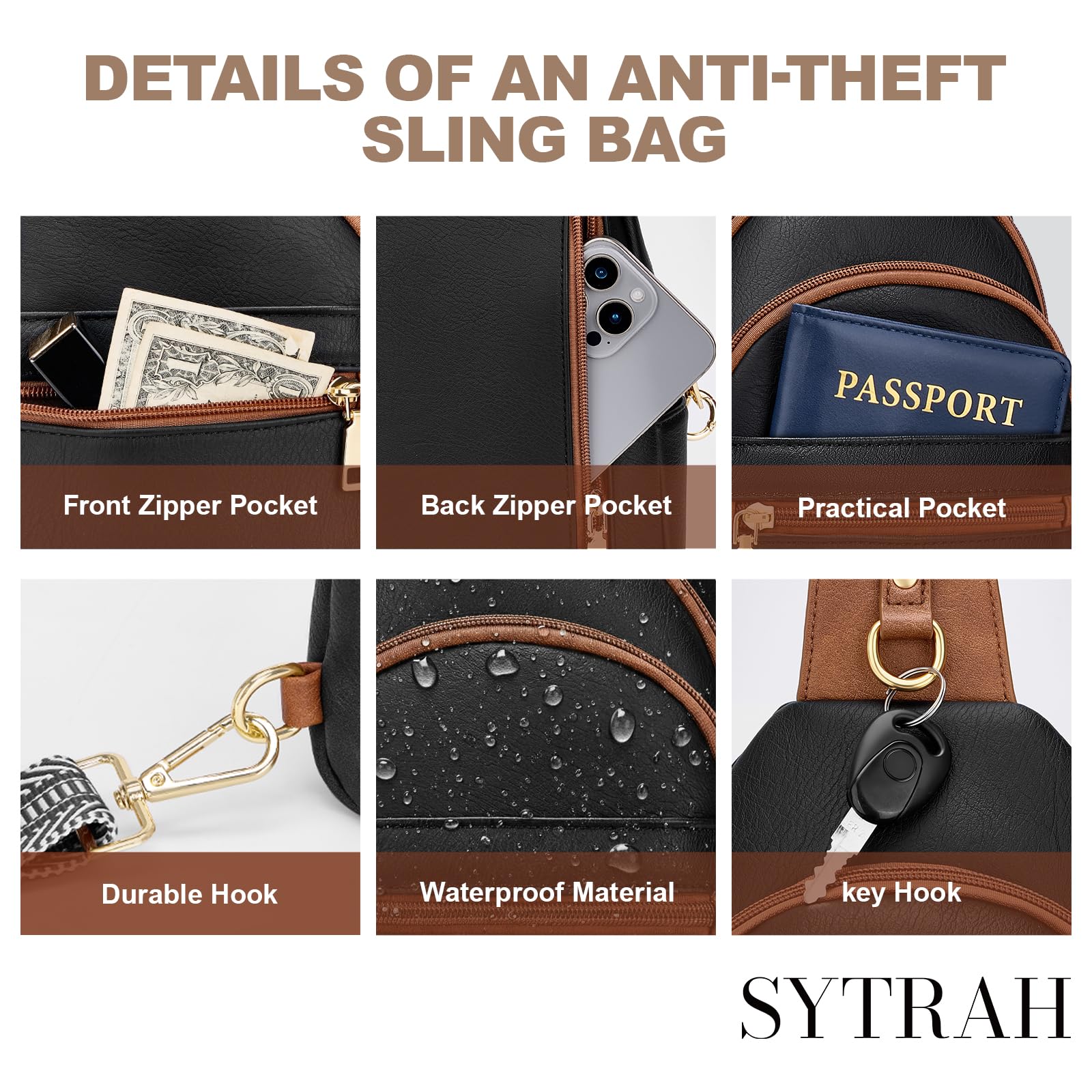 Anti Theft Crossbody Bags for Women, RFID Sling Bag Travel Purse, RFID Cross Body Purses Chest Bag for Travel Black Brown