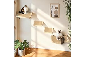 Cat Wall Shelves with Sisal Pads, 4-Piece Wooden Cats Furniture Set with Cat Window Perch, Flat Shelf & Sisal-Clad Steps for 