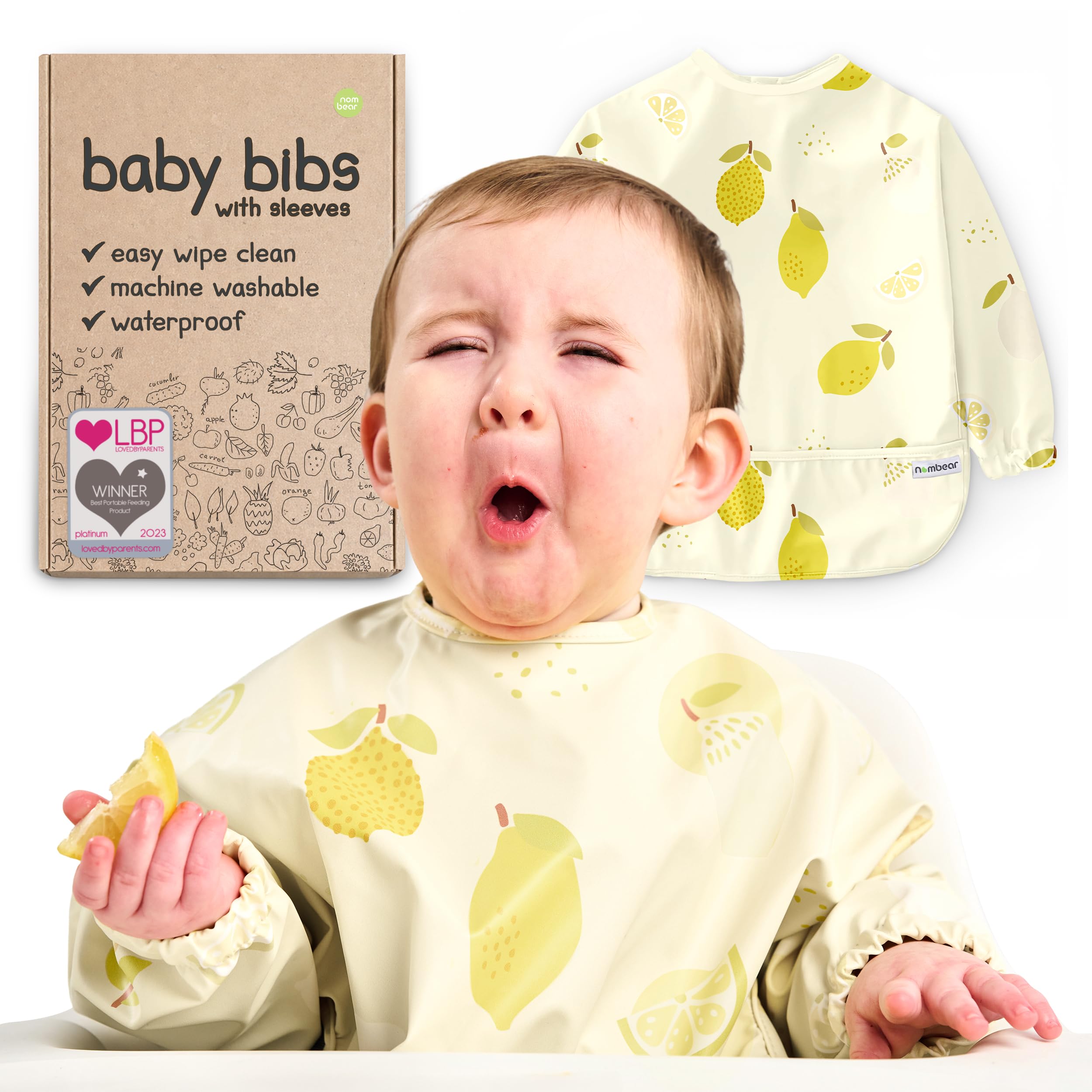 Nombear Baby Bibs with Sleeves for 6-24 Months, 1 Pack - Easy Wipe Clean, Machine Washable Baby Weaning Bib with Sleeves, Waterproof Long Sleeve Bibs, Non Silicone and Coverall Bib