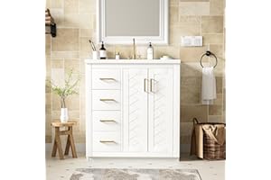 THINK 30 30 inch White Bathroom Vanity with Sink and Countertop,Solid Wood Frame Bathroom Cabinet with Sink,Modern Sink Storage Cabinet with 3 Drawers & Soft Closing Doors,Gold Handles