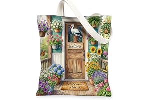 Storks Bird Canvas Tote Bag for Shopping 13 * 15, Cute Welcome Flowers Pot Reusable Grocery Bag for Women, Floral Travel Patt