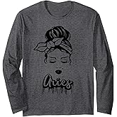 Aries Zodiac Sign Messy Bun Retro Vintage Birthday Long Sleeve T-Shirt