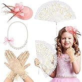 Sintege 4 Pcs Girls Tea Party Set Girls Tea Party Accessories Gloves Hats Necklace Fans for Toddler