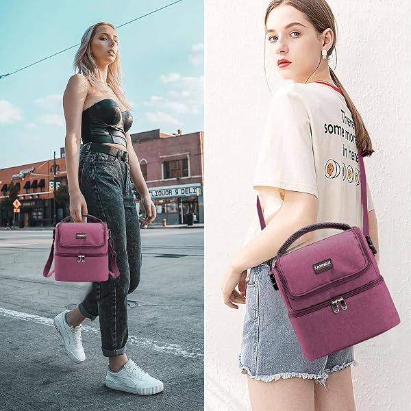 YUMINGUHC LUNCH BAG FOR WOMEN DOUBLE DECKER LEAKPROOF LUNCH BOX FOR MEN ADULT SMALL COOLER INSULATED LUNCHBOX THERMAL TOTE WORK TRAVEL PICNIC FOOD DRINK COOL BAG (TARO-PURPLE)