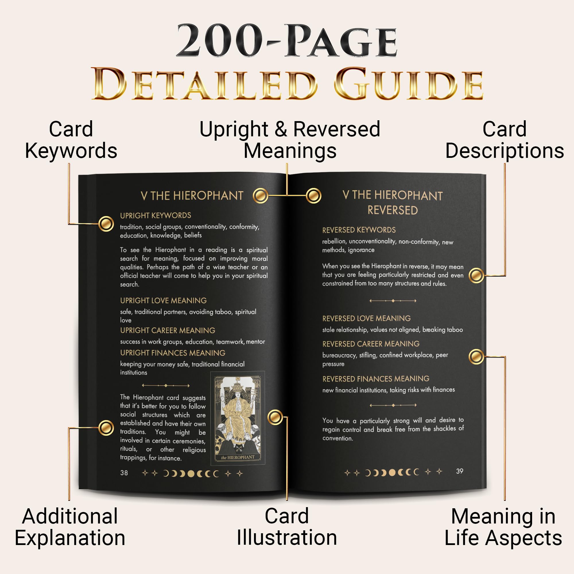 Wyspell Classic Tarot Cards with Guide Book - 78 Gold Cards for Beginners - Black Tarot Decks with Guidebook - Original Cards Deck with Guidebook