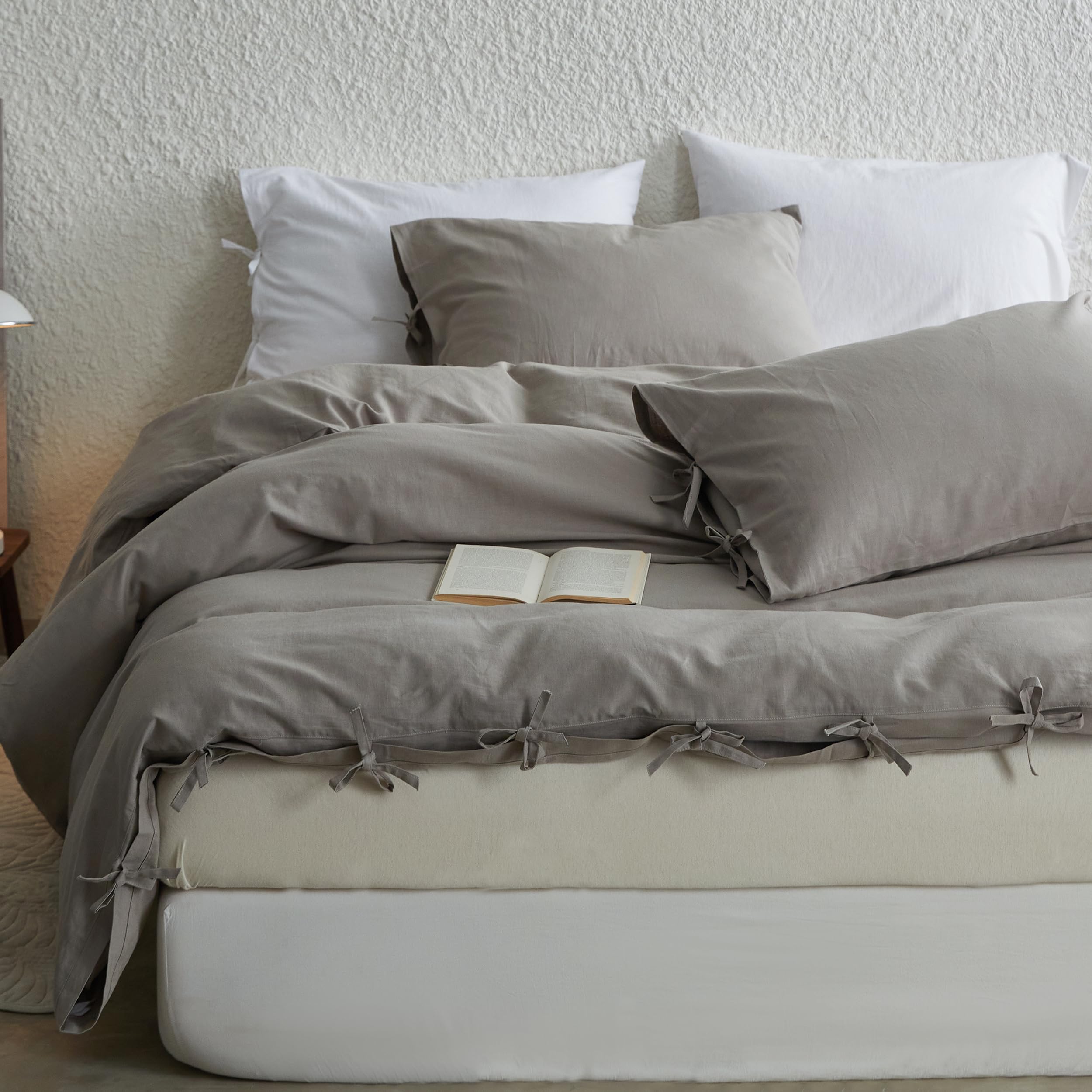 Simple&Opulence Linen Duvet Cover Set Double, Cozy Breathable Blend Bedding Set with Bow Tie, Warm Autumn Quilt Cover, Luxury Hotel-Quality, Elegance & Romantic for Girls (Gray,200x200cm)