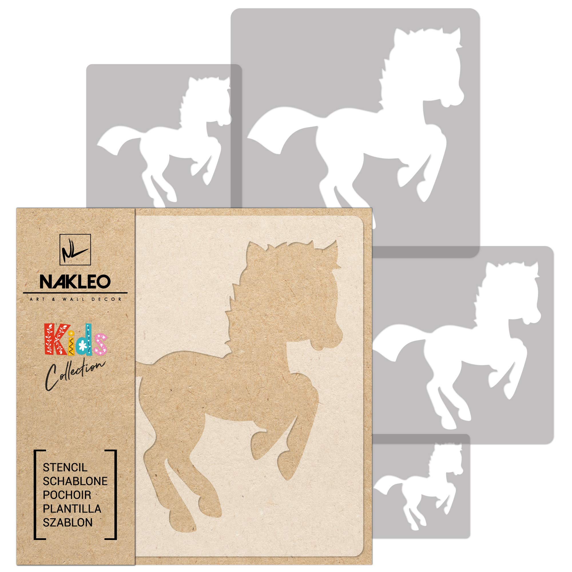 NAKLEO Painting Stencils Set for Nursery Room, 5 Pcs Templates 9x9 to 34x34cm Horse Mustang Pony, Plastic and Reusable Drawing Stencils, Decor, Craft DIY Wall Furniture