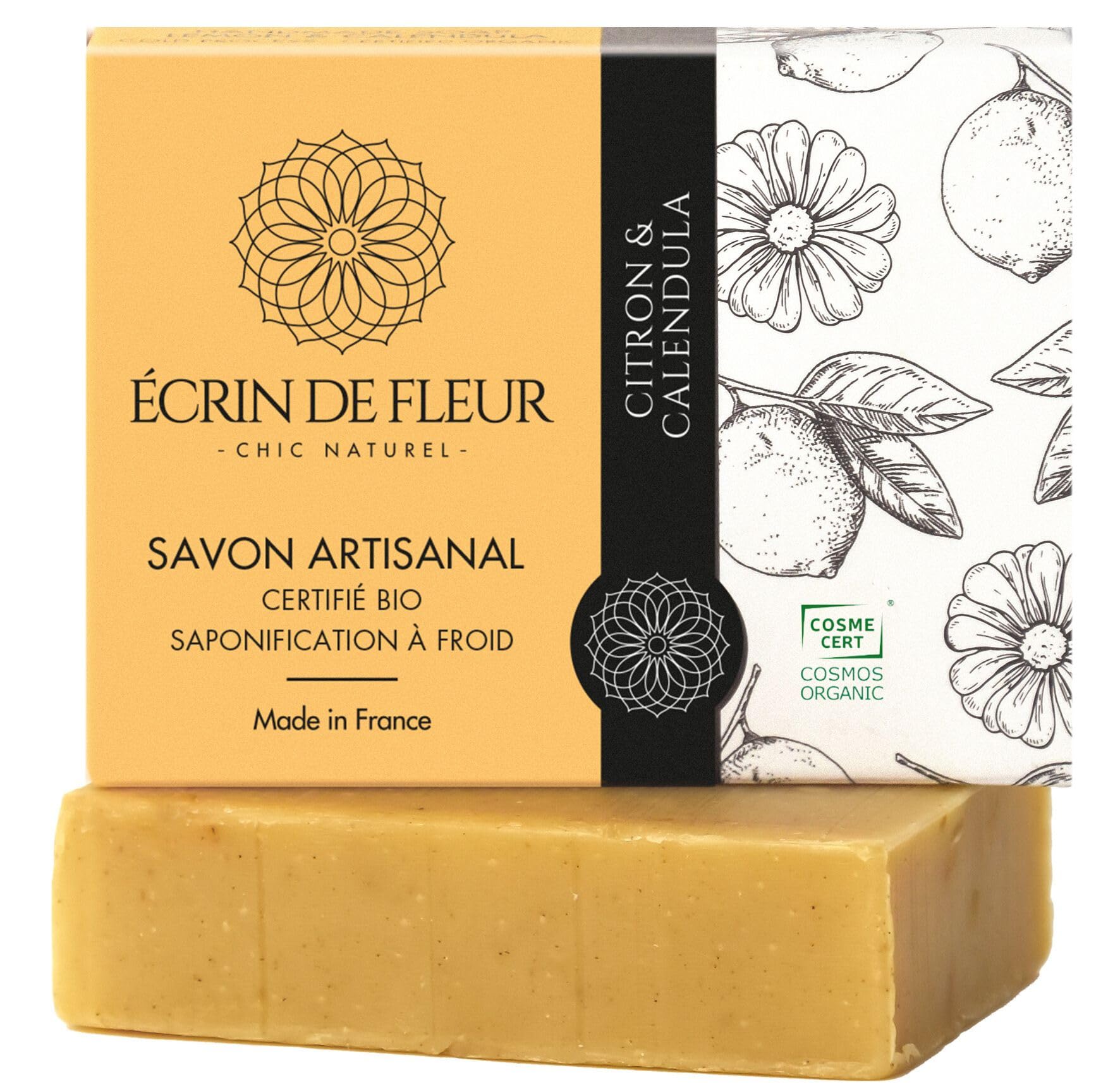 Écrin de Fleur – Organic Lemon & Calendula Soap, Handcrafted, Cold Processed, 1x90g