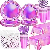 Srua Don Pink Iridescent Party Decorations, Shiny Hot Pink Holographic Paper Plate, Napkin, Cup, Tablecloth, Cutlery, Metallic Mermaid Theme Birthday Baby Shower Wedding Party Supplies, Serves 24