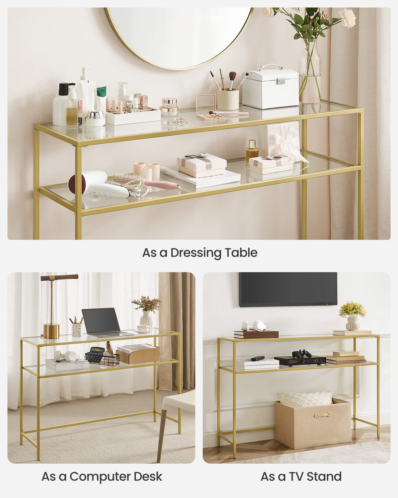 47.2 Inch Console Sofa Table, Modern Entryway Table, Tempered Glass Table, Metal Frame, 2 Shelves, Adjustable Feet, for Living Room, Hallway, Gold Color ULGT045A61 VASAGLE 47.2 Inch Console Sofa Table, Modern Entryway Table, Tempered Glass Table, Metal Frame, 2 Shelves, Adjustable Feet, for Living Room, Hallway, Gold Color ULGT045A61