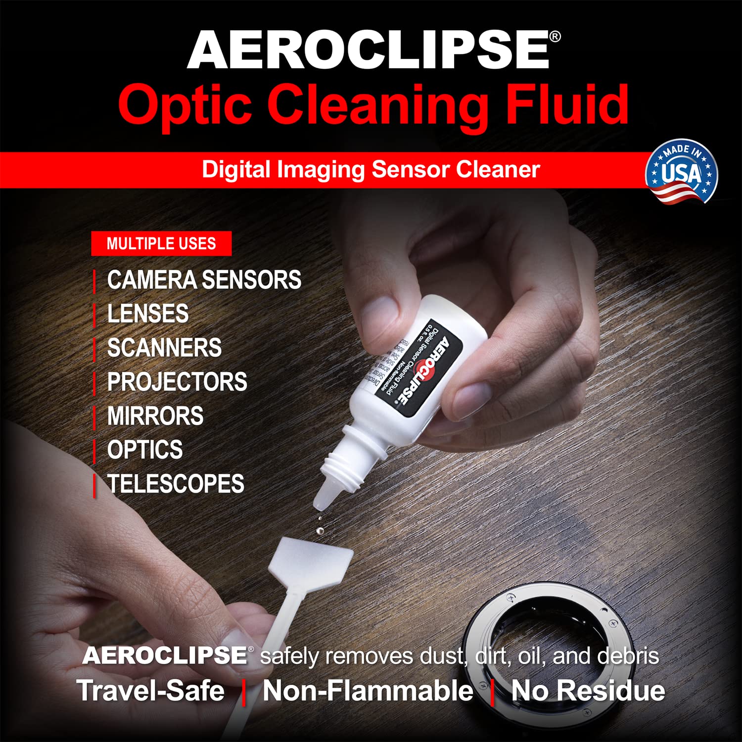 Aeroclipse Optic Cleaning Fluid - Non-Flammable Camera Lens Cleaner and Digital Sensor Cleaning Solution for Coated Lenses, Telescope, Projector and Other Optical Products - Dropper Tip (15ml) - 0.5oz