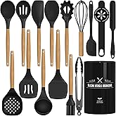 Kitchen Utensils Set, AIKKIL16 Pcs Cooking Utensils Set with Holder, Heat Resistance, Black Wooden Handle Silicone Kitchen Gadgets Utensil Set for Nonstick Cookware