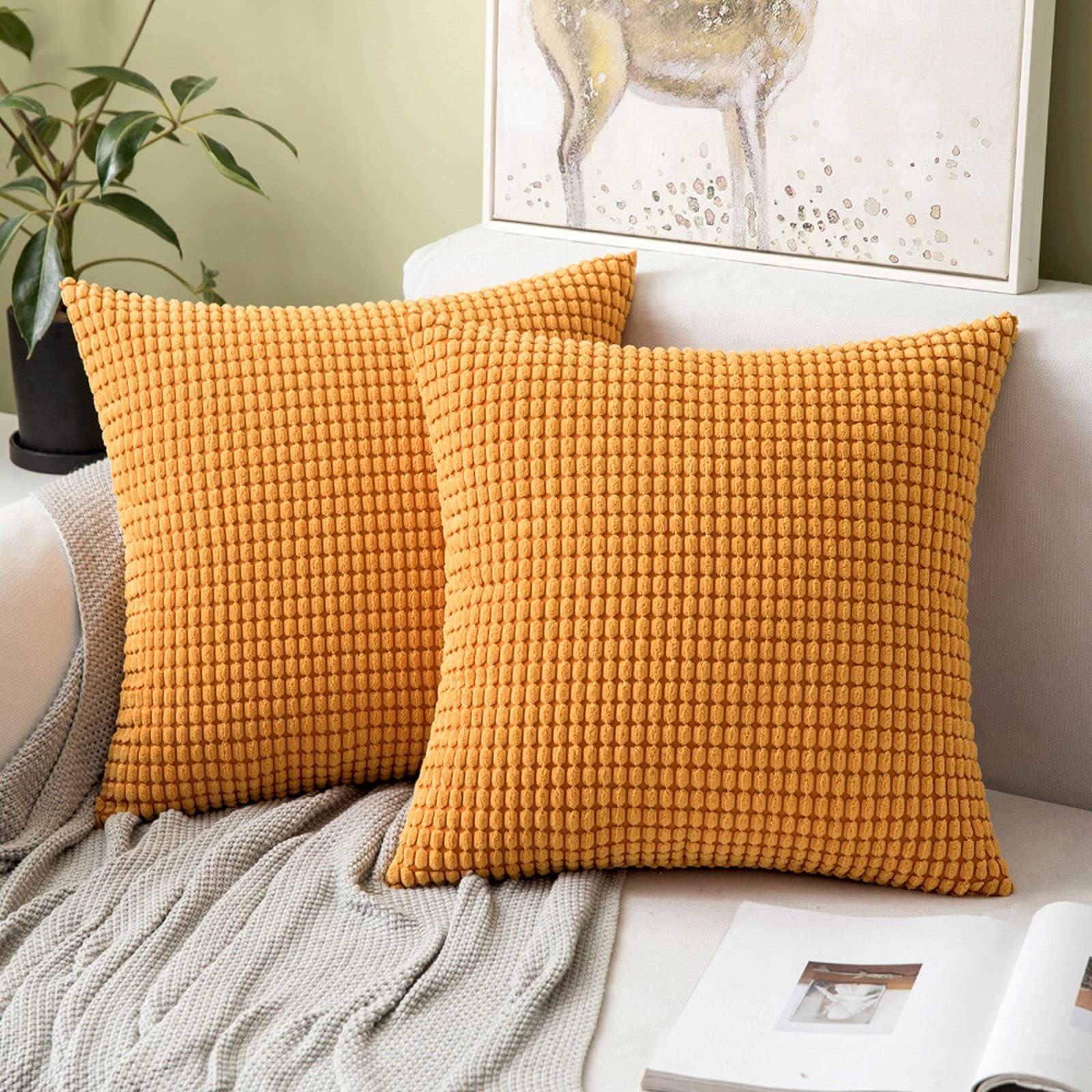 MIULEE Set of 2 Decorative Corduroy Cushion Covers 16x16 Inches, 40cm x 40cm Striped Solid Square Throw Pillow Cases for Sofa Couch Home Bedroom Orange — image 1