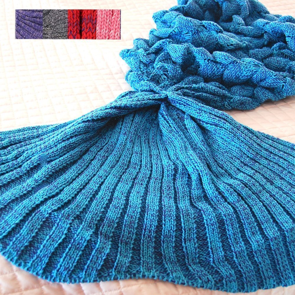 Feiuruhf Knitted Mermaid Tail Blanket for Adults Teens, Kids Crochet Snuggle Mermaid, All Seasons Sleeping Blanket (Blue)