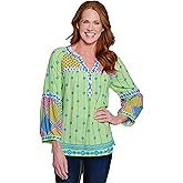 john mark Women's Embroidered Mix Print V Neck Tunic with Three Quarters Raglan Sleeves