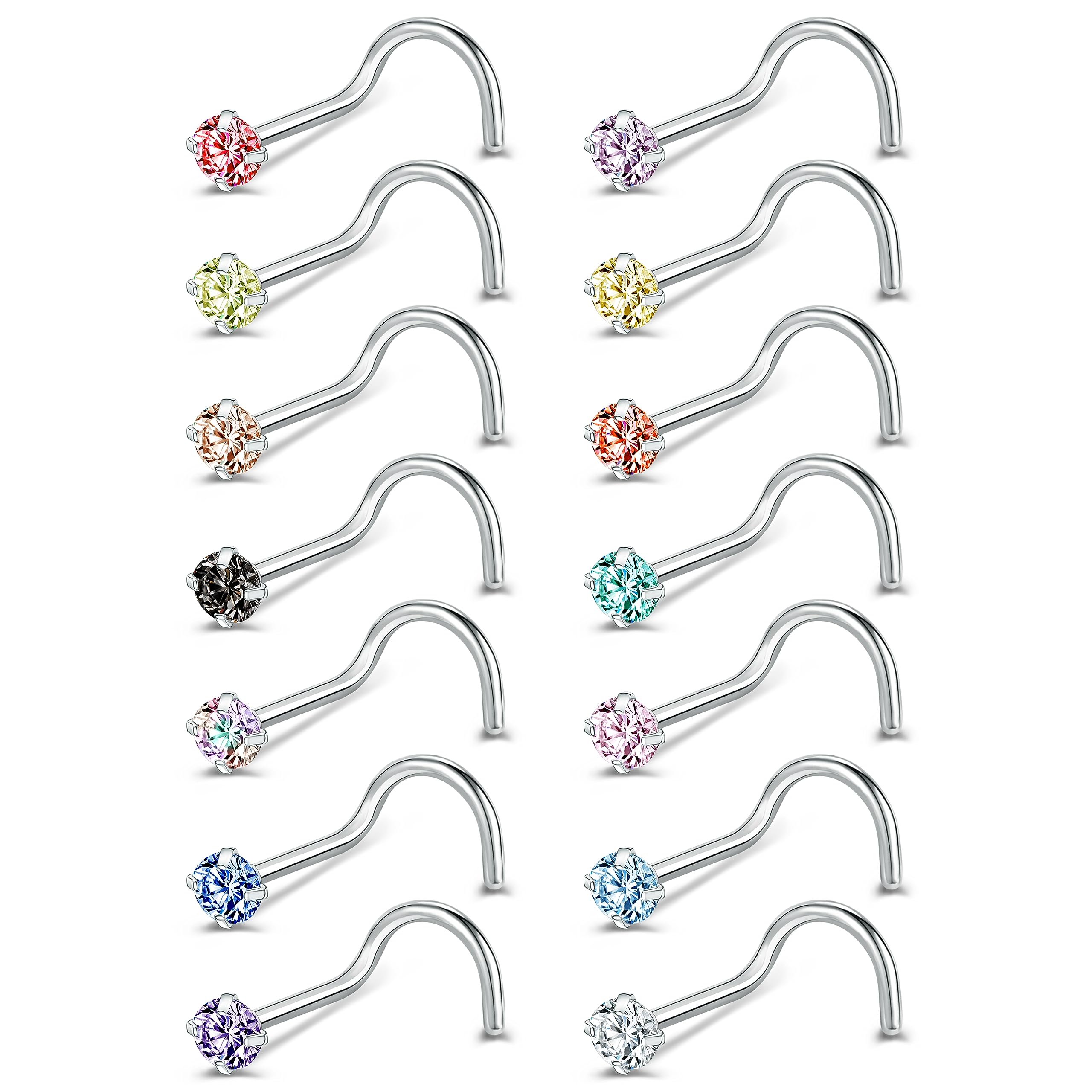 6-14 Pieces 20g Tiny Nose Studs L-Shape CZ Nose Bones Nose Screw Rings Set Stainless Steel Nose Piercing Stud (14pcs Nose Screws Style(Mixed Color))